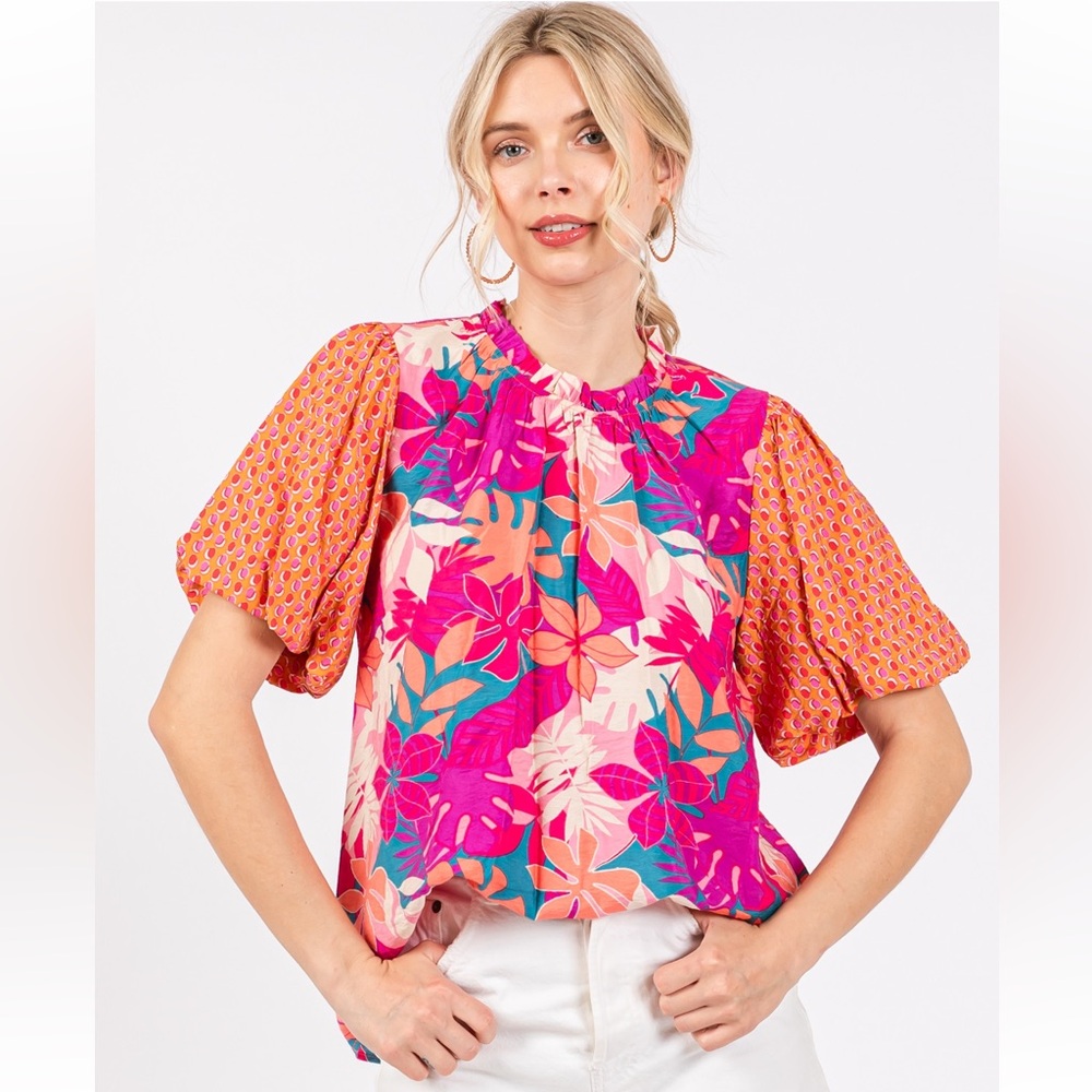 31 Boho Contrast Floral Print Woven Blouse Top